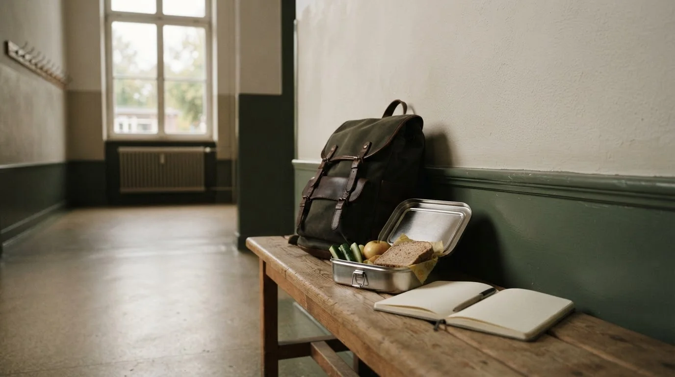 Schulrucksack, Brotdose und leeres Gesundheitsnotizbuch auf einer Bank