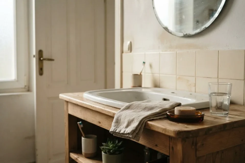 Badezimmerwaschbecken mit Handtuch, Wasserglas und Seifenschale im Morgenlicht