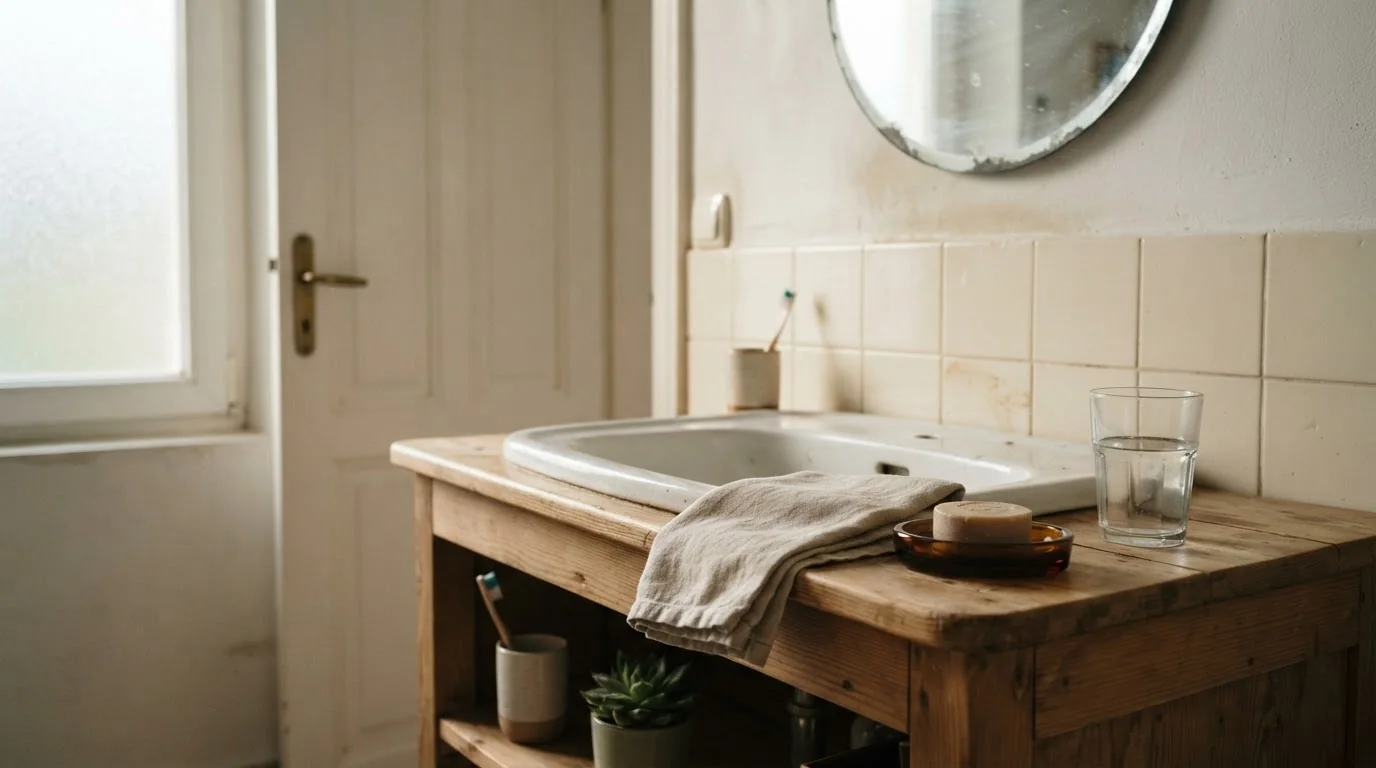 Badezimmerwaschbecken mit Handtuch, Wasserglas und Seifenschale im Morgenlicht