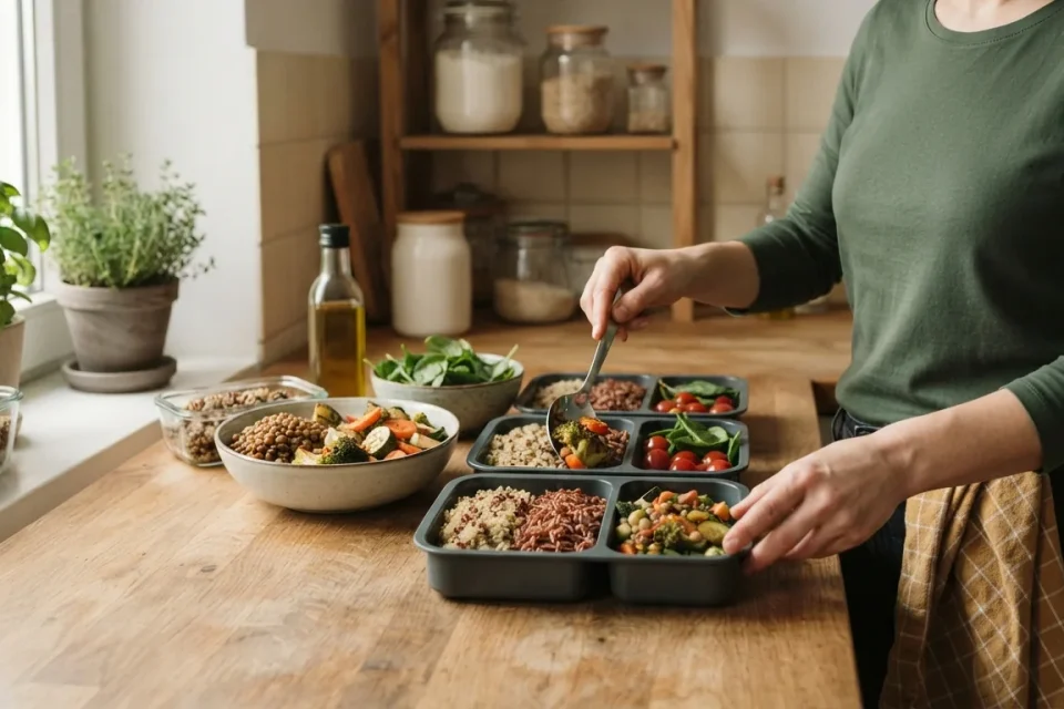 Hände portionieren Gemüse, Hülsenfrüchte und Vollkorn für mehrere Mahlzeiten