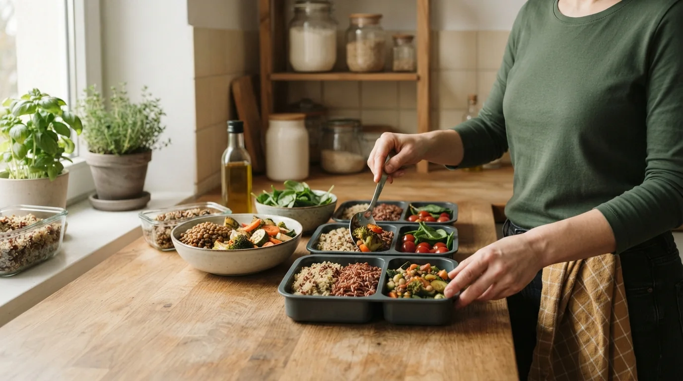 Hände portionieren Gemüse, Hülsenfrüchte und Vollkorn für mehrere Mahlzeiten