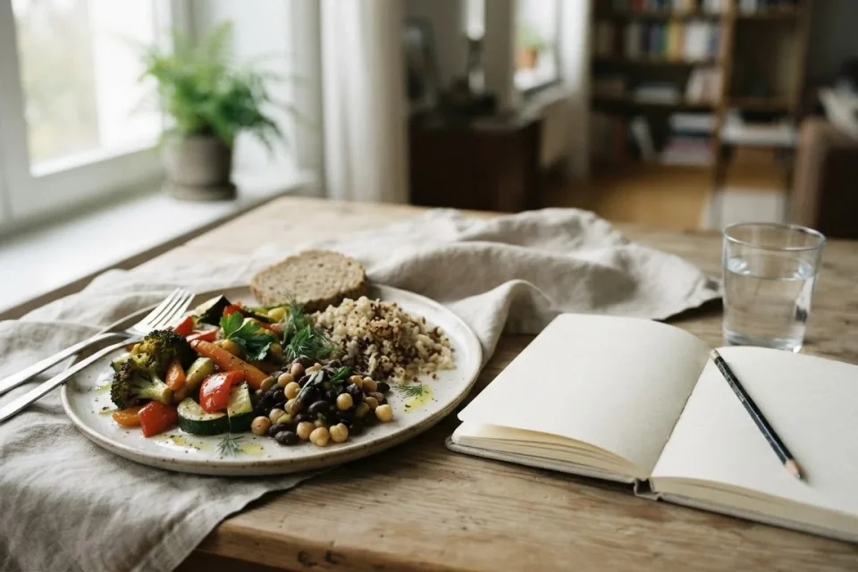 Ausgewogene Mahlzeit mit Gemüse, Hülsenfrüchten und Vollkorn neben einem Notizbuch