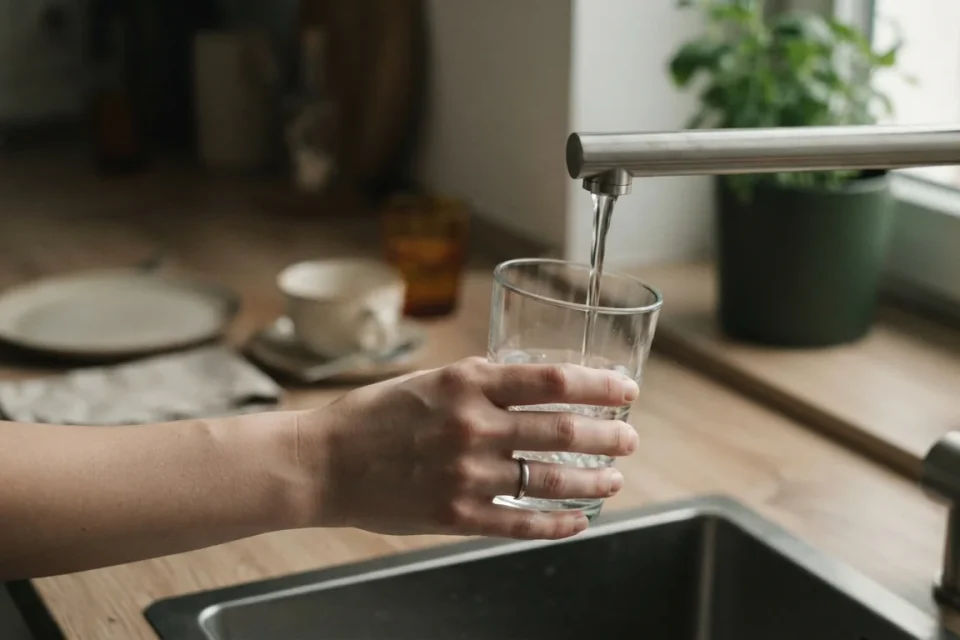 Hand füllt morgens ein Wasserglas am Küchenhahn
