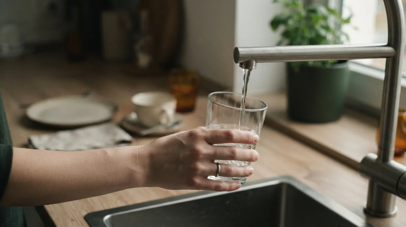 Hand füllt morgens ein Wasserglas am Küchenhahn