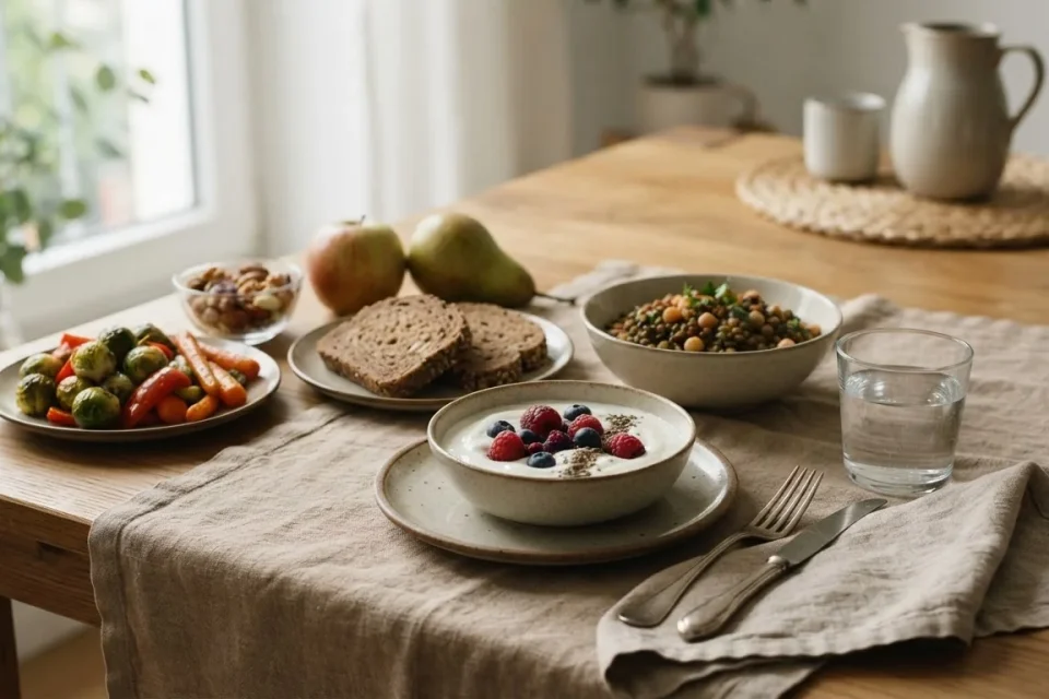 Ausgewogene Auswahl aus Gemüse, Hülsenfrüchten, Brot, Obst, Joghurt und Wasser