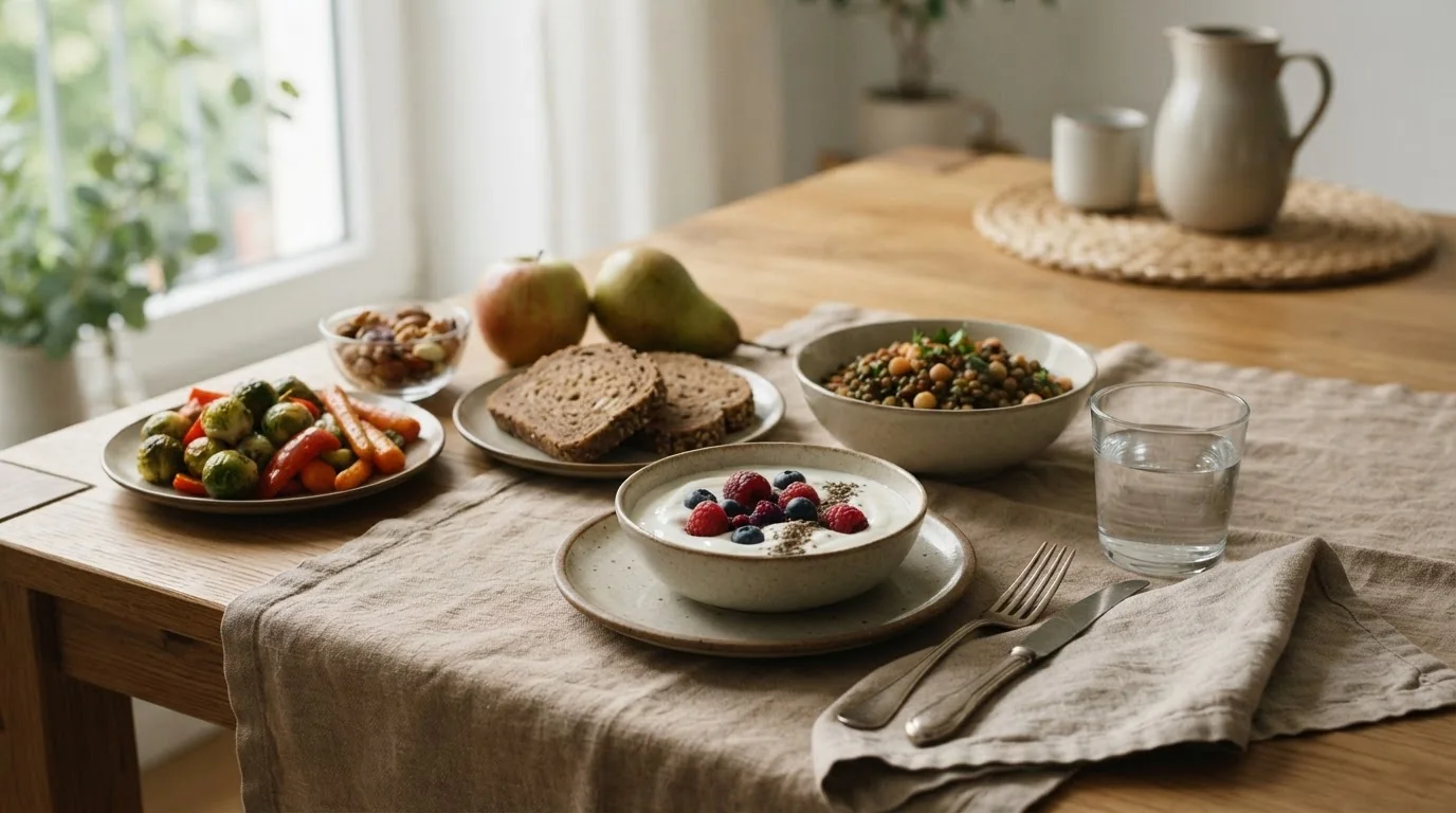 Ausgewogene Auswahl aus Gemüse, Hülsenfrüchten, Brot, Obst, Joghurt und Wasser