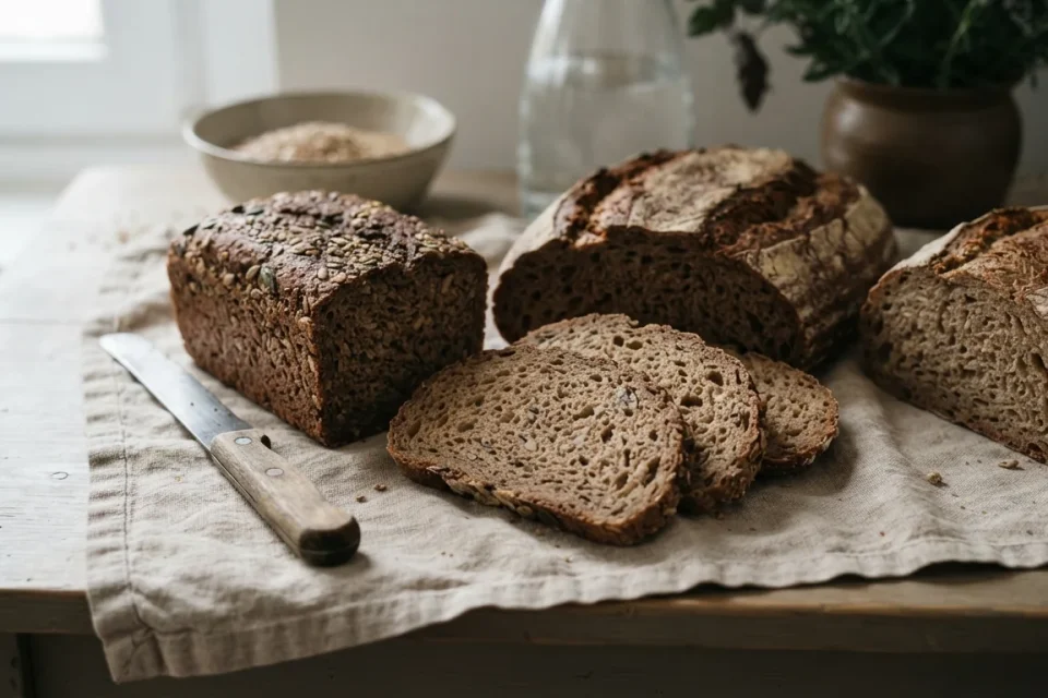 Verschiedene Brotsorten mit sichtbarer Krume und Getreide auf Leinen
