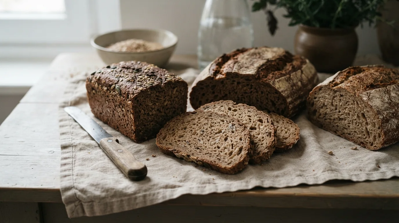 Verschiedene Brotsorten mit sichtbarer Krume und Getreide auf Leinen
