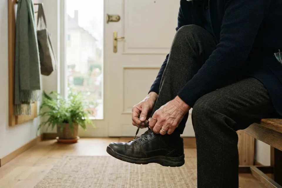 Ältere Hände binden bequeme Schuhe an einer hellen Haustür