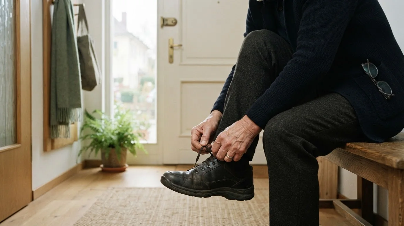 Ältere Hände binden bequeme Schuhe an einer hellen Haustür