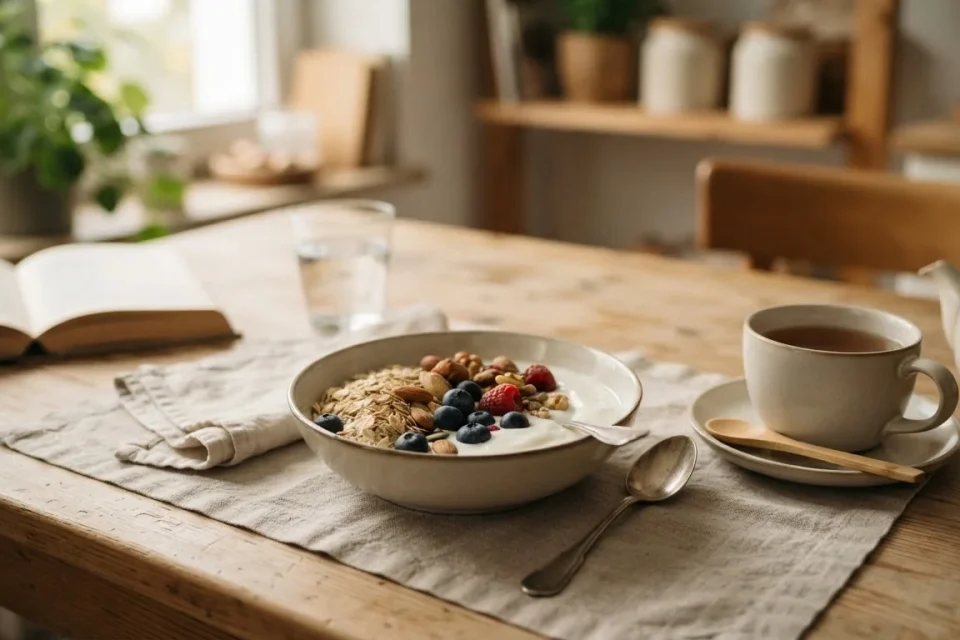 Frühstück mit Haferflocken, Beeren, Naturjoghurt, Nüssen und Tee
