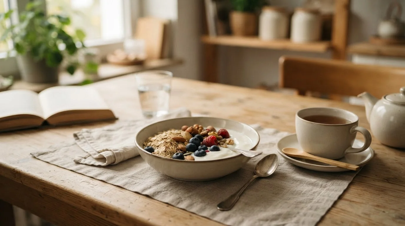 Frühstück mit Haferflocken, Beeren, Naturjoghurt, Nüssen und Tee