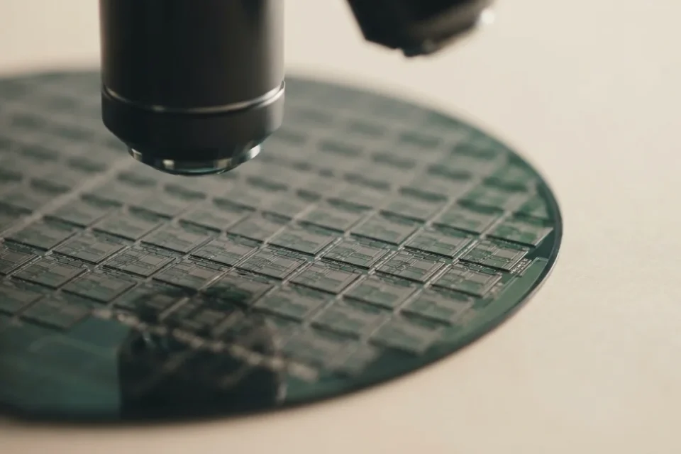 Silizium-Wafer unter einem Labormikroskop als Symbol für Sensortechnik