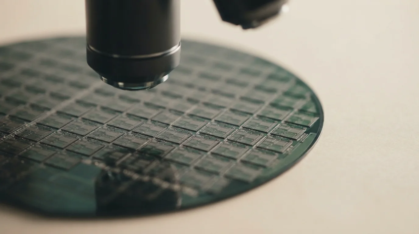Silizium-Wafer unter einem Labormikroskop als Symbol für Sensortechnik