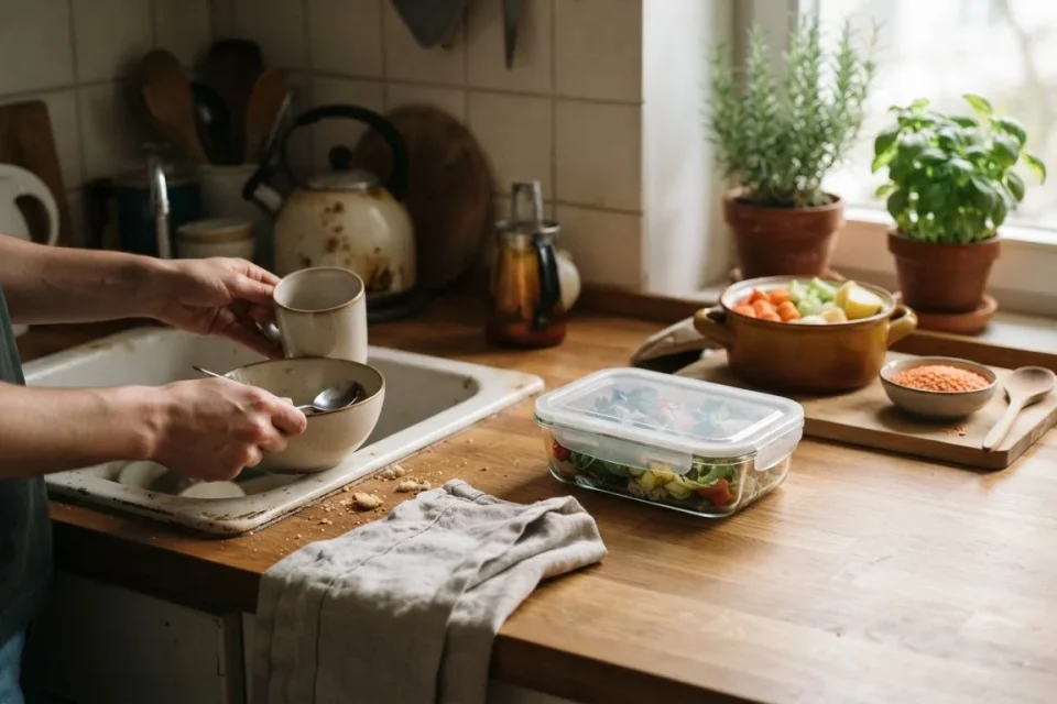 Küche mit abgeräumtem Frühstück, Brotdose und Zutaten für das Abendessen in verschiedenen Bildebenen