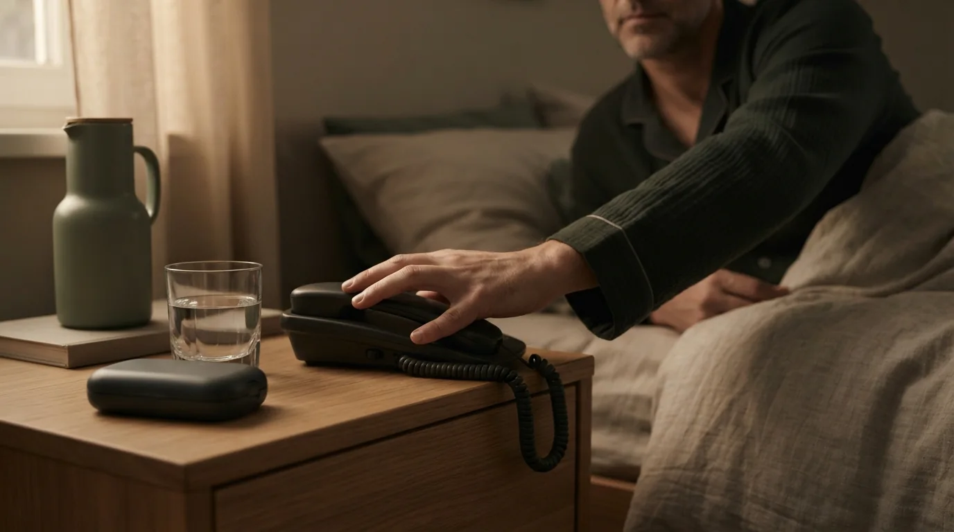 Hand greift nachts nach einem Telefon neben geschlossenem Glukoseset und Wasserglas