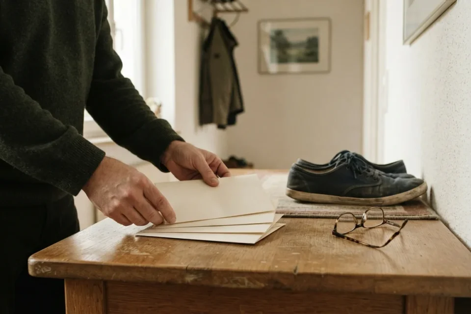 Hände ordnen unbeschriftete Terminumschläge neben Schuhen und Lesebrille