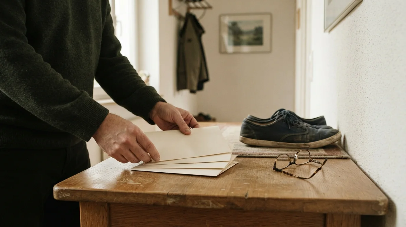 Hände ordnen unbeschriftete Terminumschläge neben Schuhen und Lesebrille