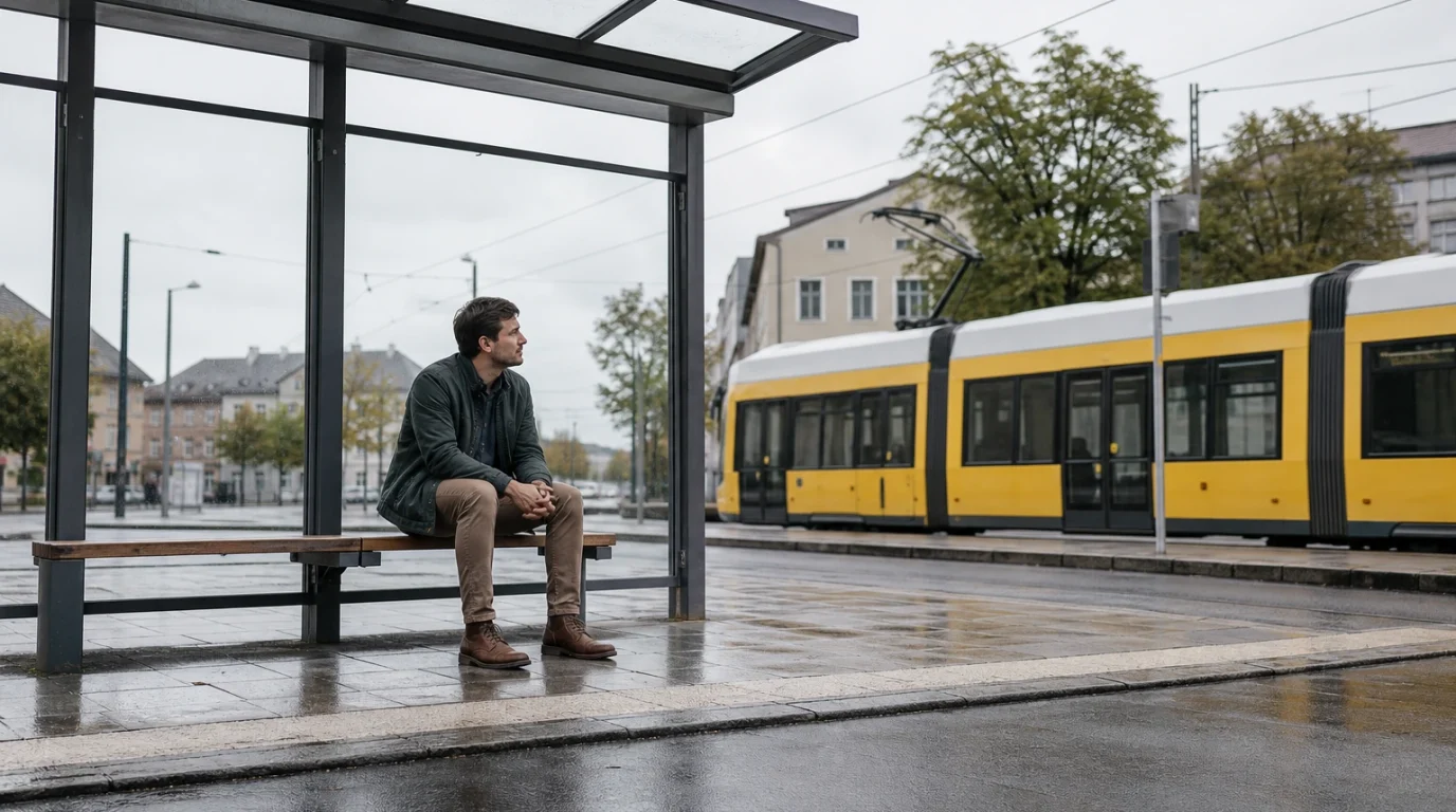 Eine Person sitzt an einem regnerischen Tag ruhig an einer Haltestelle.