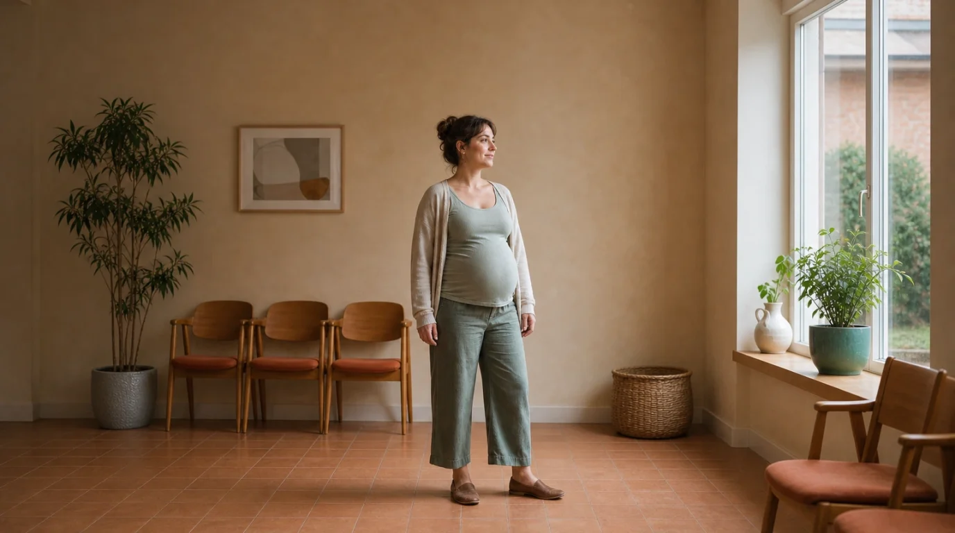 Eine schwangere Person steht in einem warmen Praxisraum am Fenster.