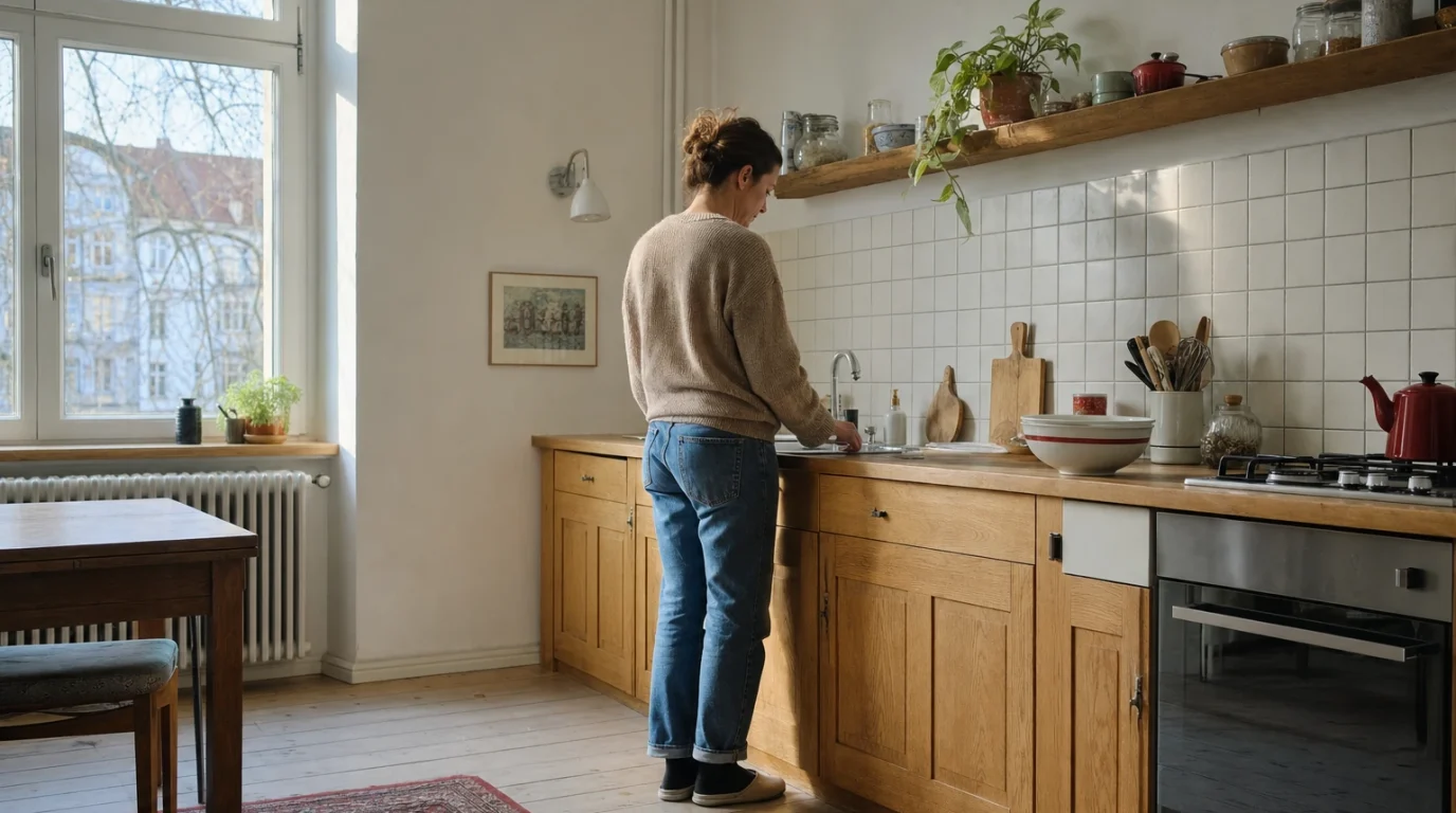 Eine Person steht in einer hellen Altbauküche am Fenster.