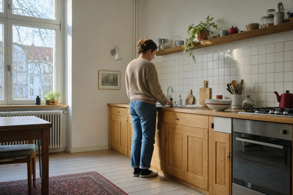 Eine Person steht in einer hellen Altbauküche am Fenster.
