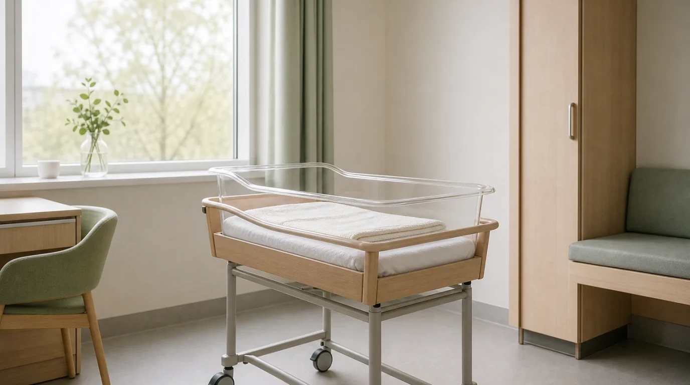 Ein leeres Babybett steht in einem ruhigen, hellen Klinikzimmer.