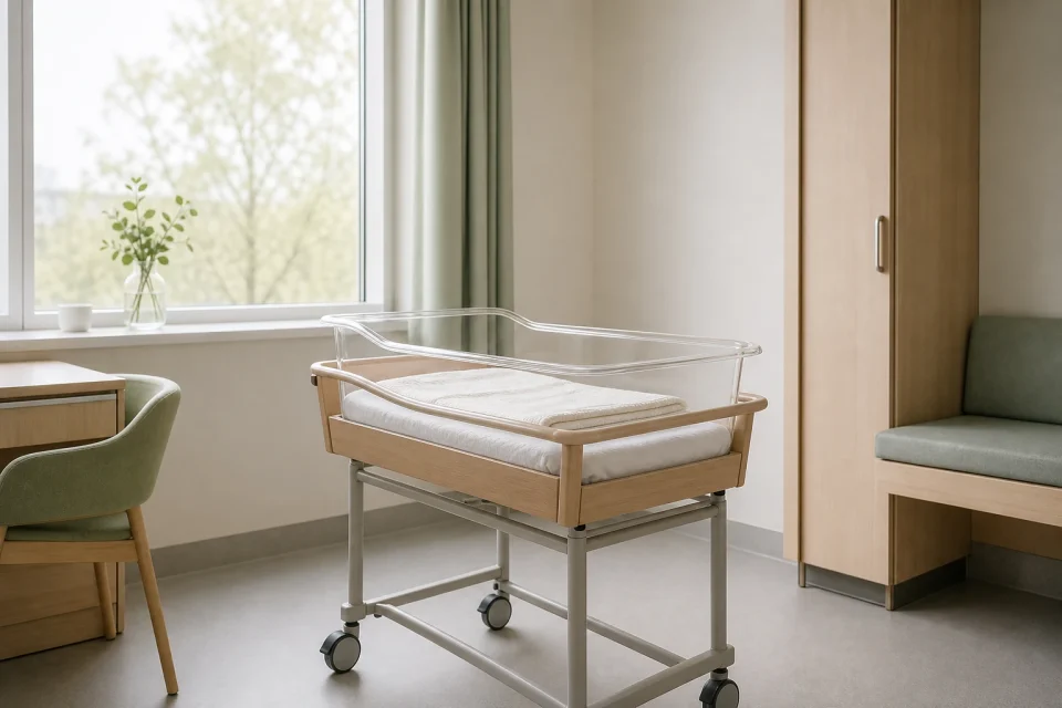Ein leeres Babybett steht in einem ruhigen, hellen Klinikzimmer.