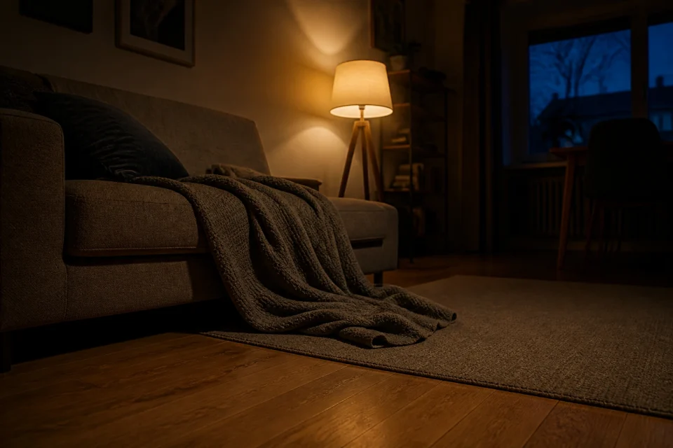 Eine Decke liegt in einem abends beleuchteten Wohnzimmer teilweise auf dem Boden.