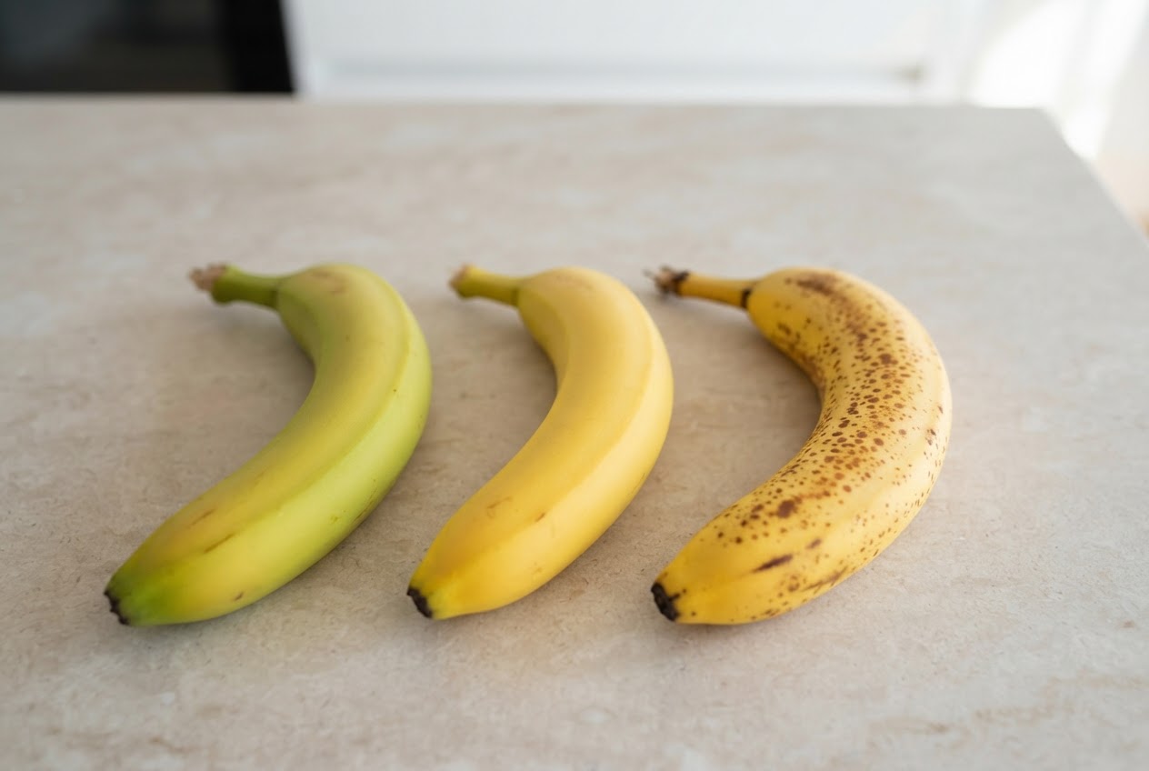 Drei Bananen in unterschiedlichen Reifestadien: grünlich, gelb und gelb mit braunen Flecken.