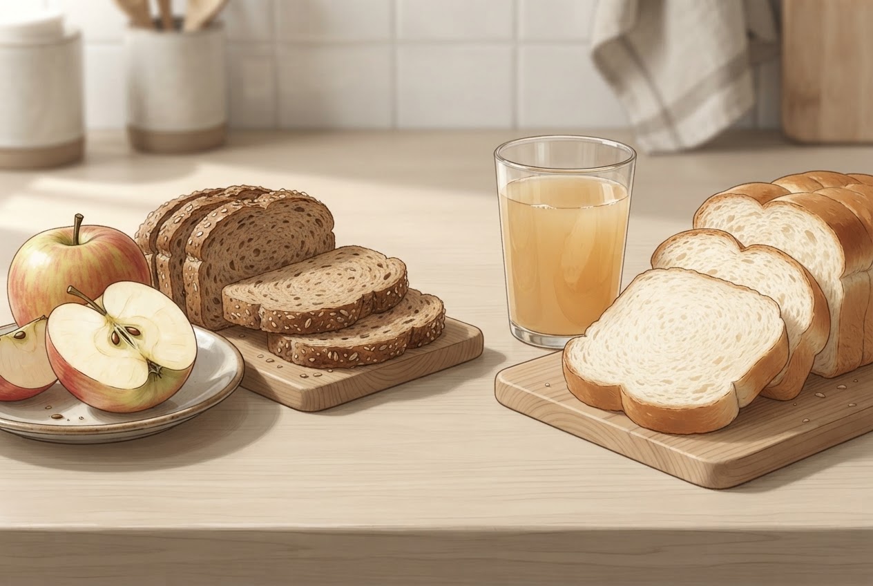 Ein aufgeschnittener Apfel und Vollkornbrot liegen neben einem Glas Saft und hellem Brot.