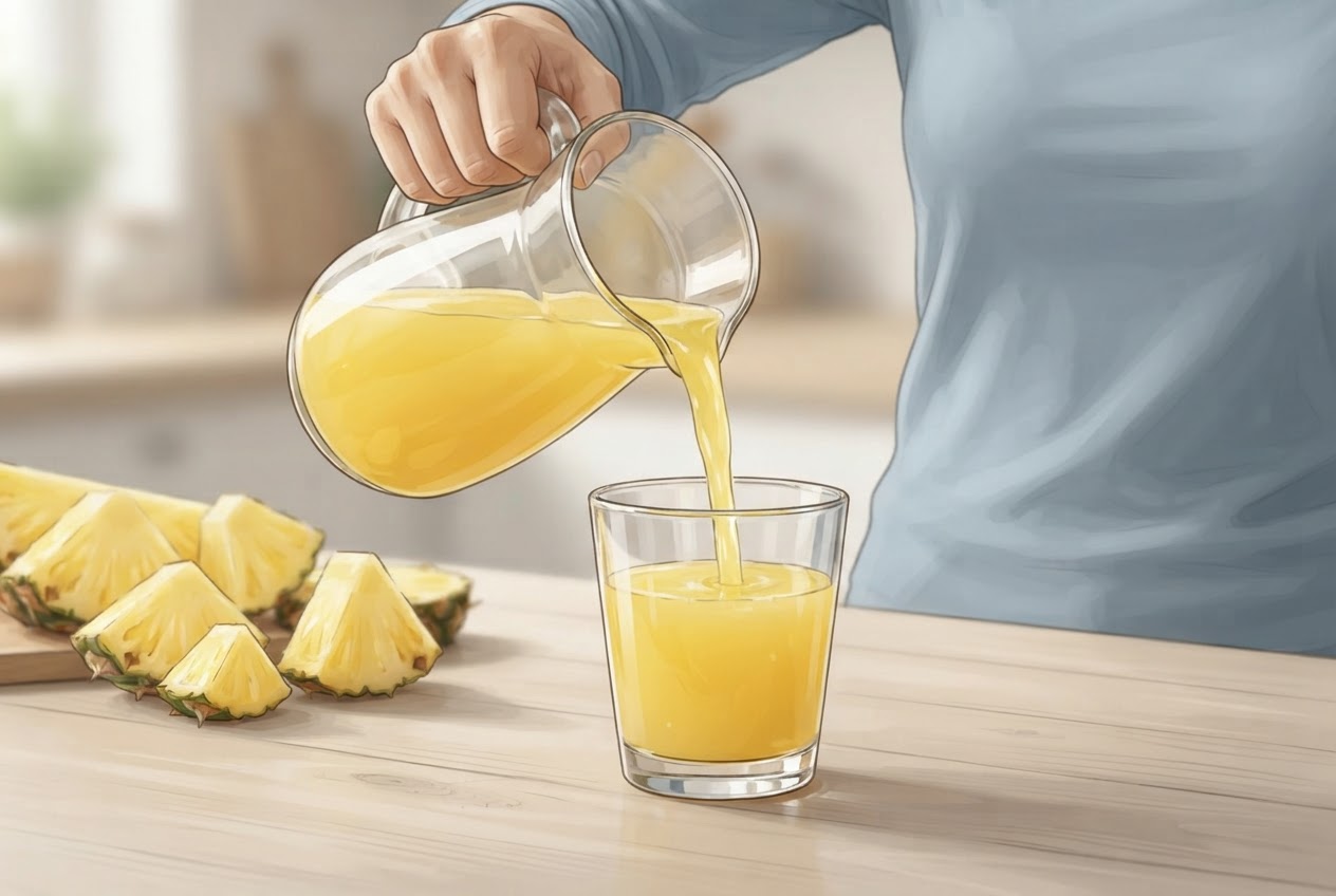 Ananassaft wird aus einem Krug in ein kleines Trinkglas gegossen; daneben liegen Ananasstücke.