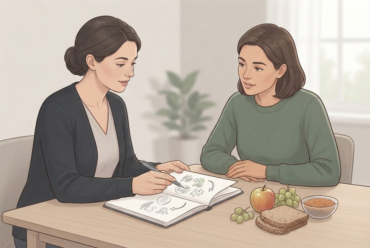 Eine Person bespricht mit einer medizinischen Fachperson einen Ernährungsplan; auf dem Tisch liegen Notizbuch und unbeschriftete Lebensmittelbeispiele.