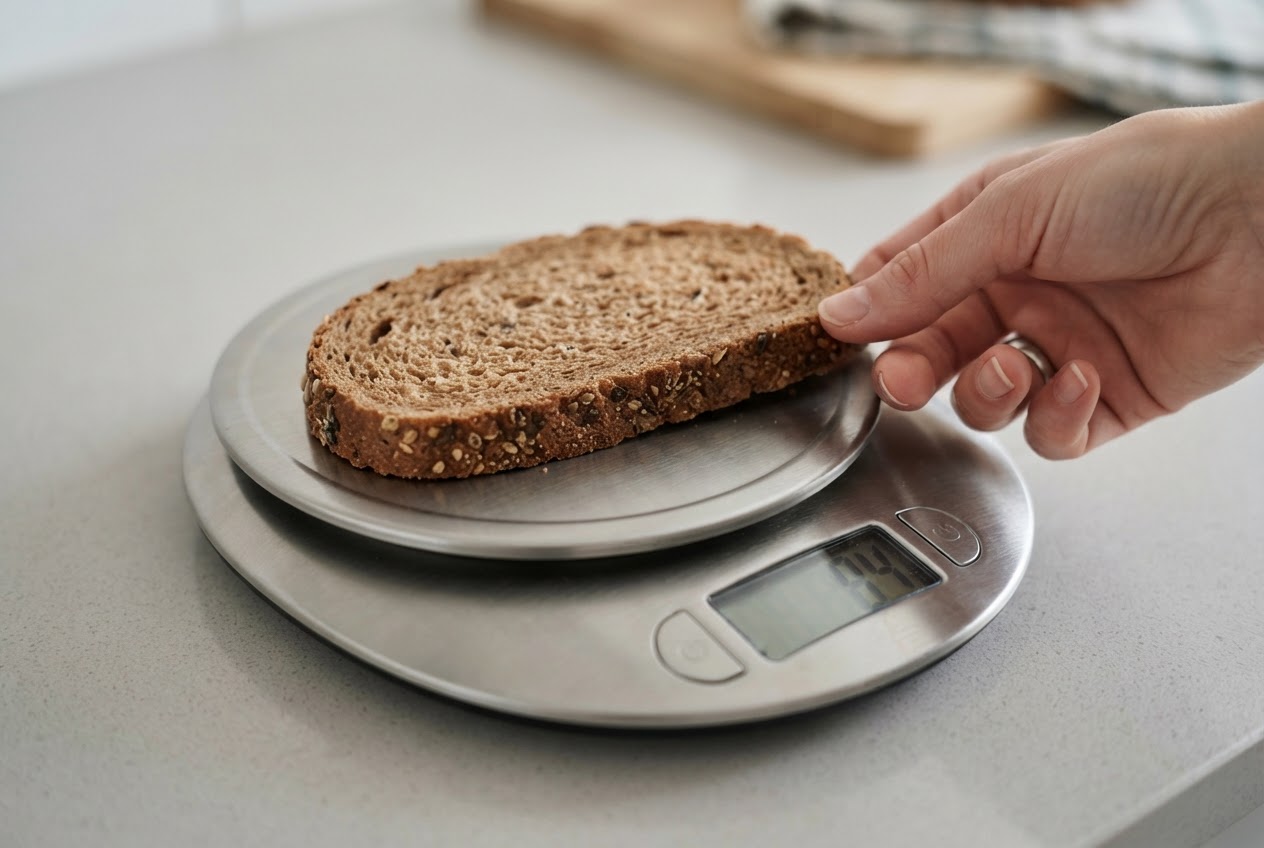Eine einzelne Scheibe Brot liegt auf einer Küchenwaage, während eine Hand die Anzeige abliest.