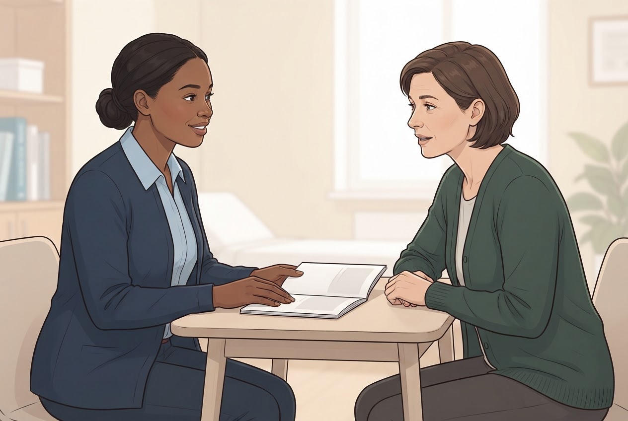 Eine Patientin und eine medizinische Fachperson besprechen gemeinsam ein Heft mit Messwerten; beide sitzen auf Augenhöhe und hören einander zu.