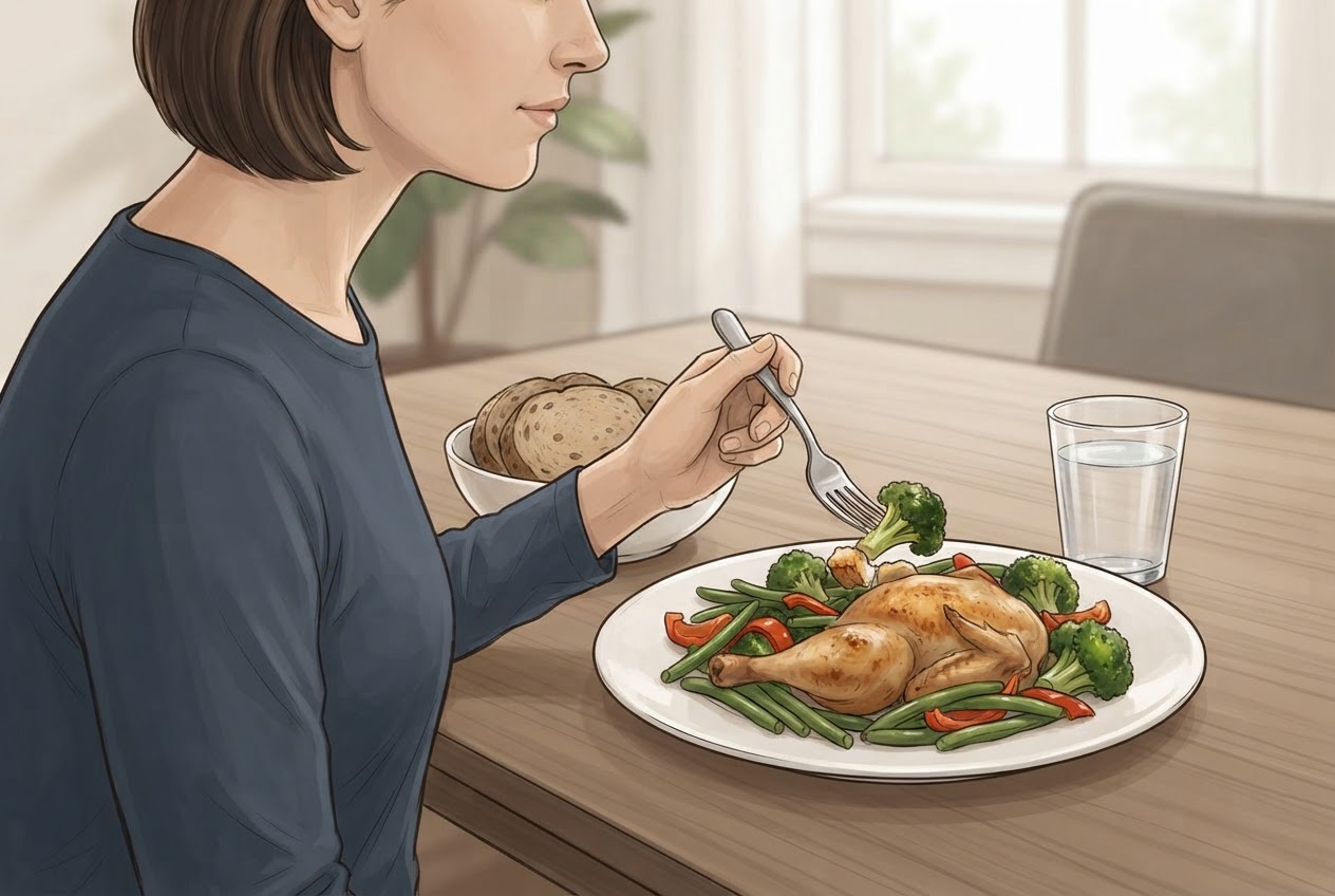 Eine Person beginnt eine Mahlzeit mit Gemüse und einer Eiweißquelle; die kohlenhydrathaltige Beilage steht daneben für später bereit.