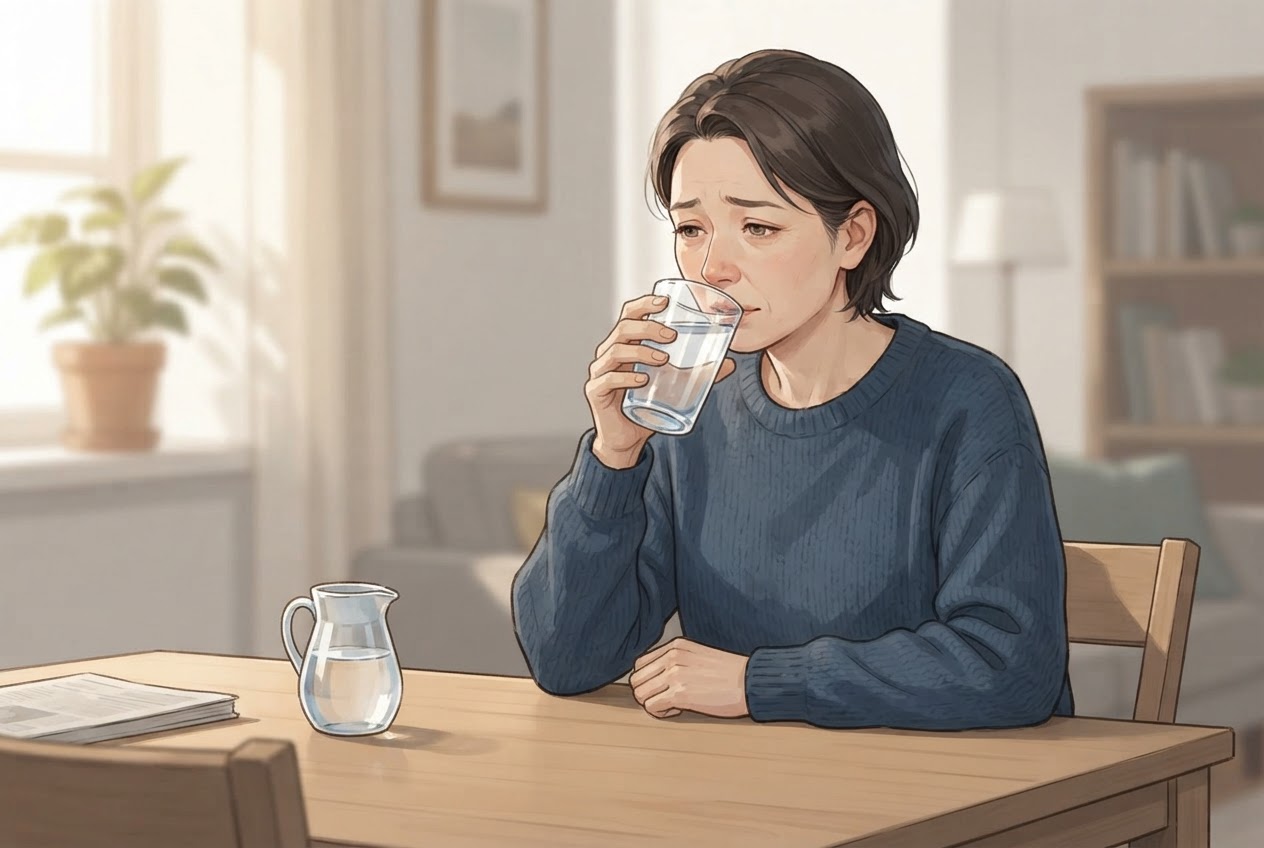 Eine Person sitzt müde an einem Tisch und trinkt ein Glas Wasser; die Szene wirkt wie ein gewöhnlicher Alltag.