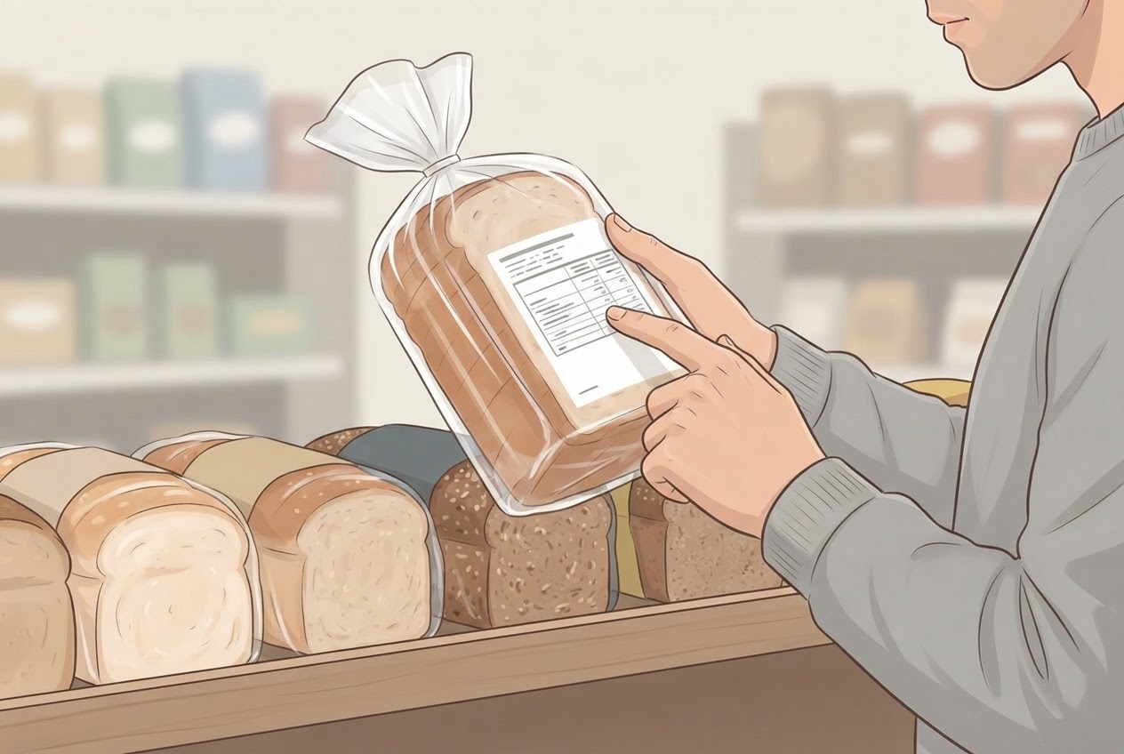 Eine Person prüft im Laden die Zutatenangaben auf einer unmarkierten Brotverpackung; daneben liegen verschiedene Brotsorten.