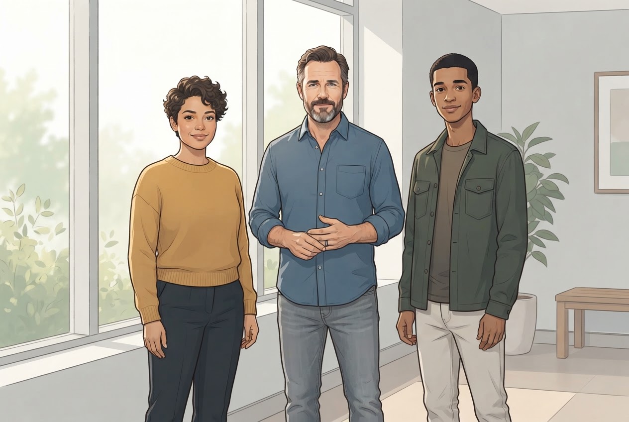Drei unterschiedlich alte Erwachsene mit verschiedenen Körperbauten stehen nebeneinander; die Illustration ordnet ihnen keine Diabetesform zu.