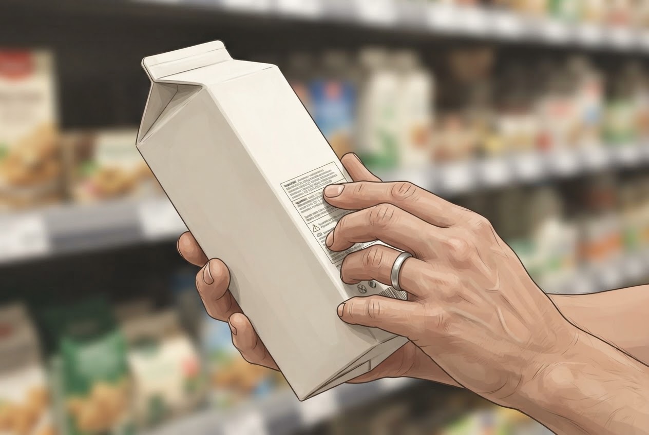 Eine Person prüft im Laden die Zutaten- und Allergenangaben auf einer Milchverpackung.