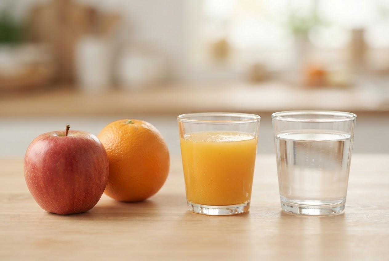 Ganzes Obst liegt neben einem Glas Fruchtsaft und einem Glas Wasser.