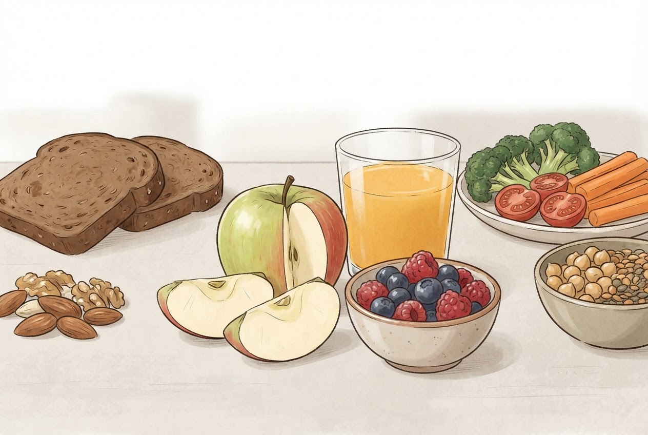 Ganzes Obst neben einem Glas Saft, dazu Gemüse, Vollkornbrot, Nüsse und Hülsenfrüchte.
