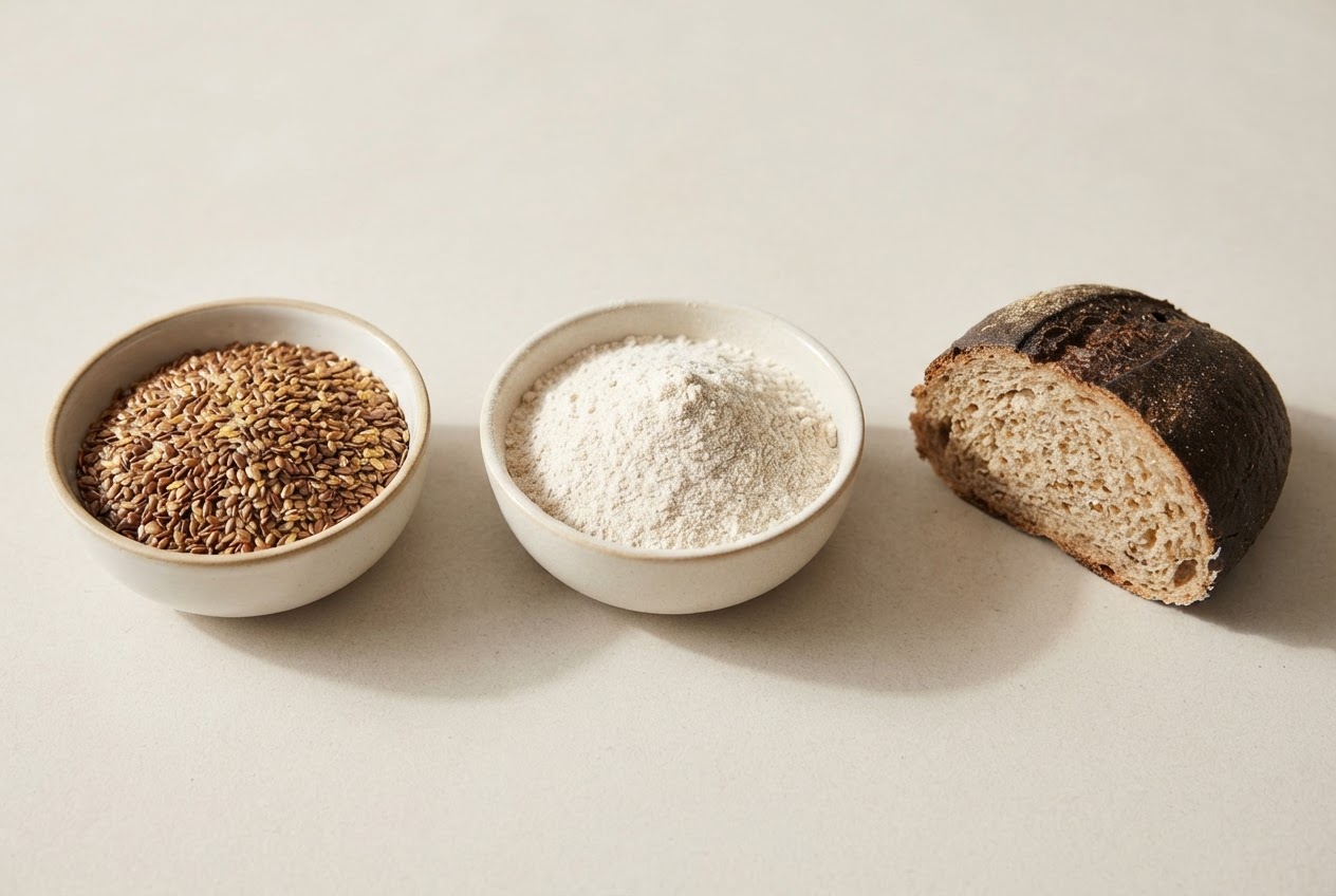 Geschrotete Leinsamen liegen neben einer Schale mit Mehl und einem angeschnittenen Brot; die Saaten sind sichtbar, die Mehlbasis aber nicht daran abzulesen.