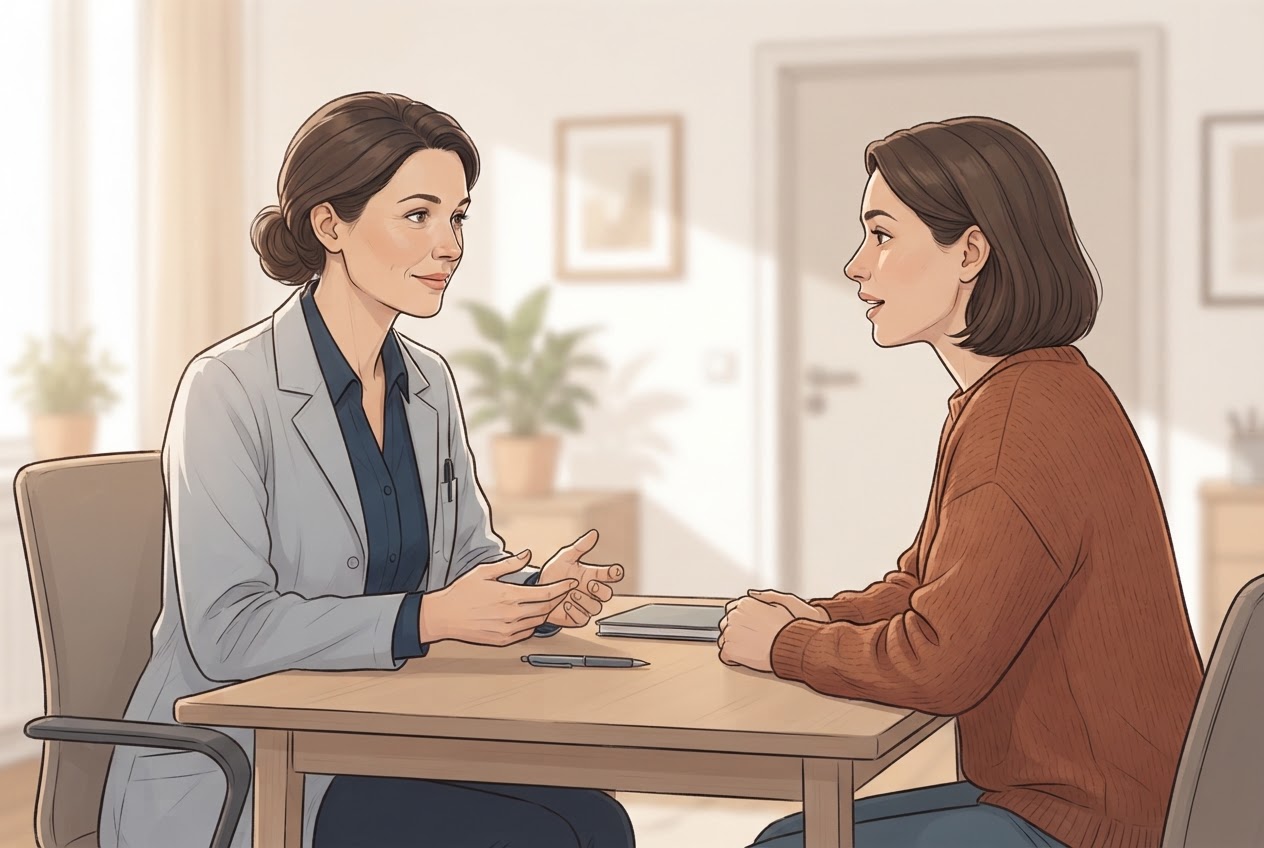 Eine Ärztin bespricht mit einer Patientin in ruhiger Atmosphäre deren persönliche gesundheitliche Fragen.