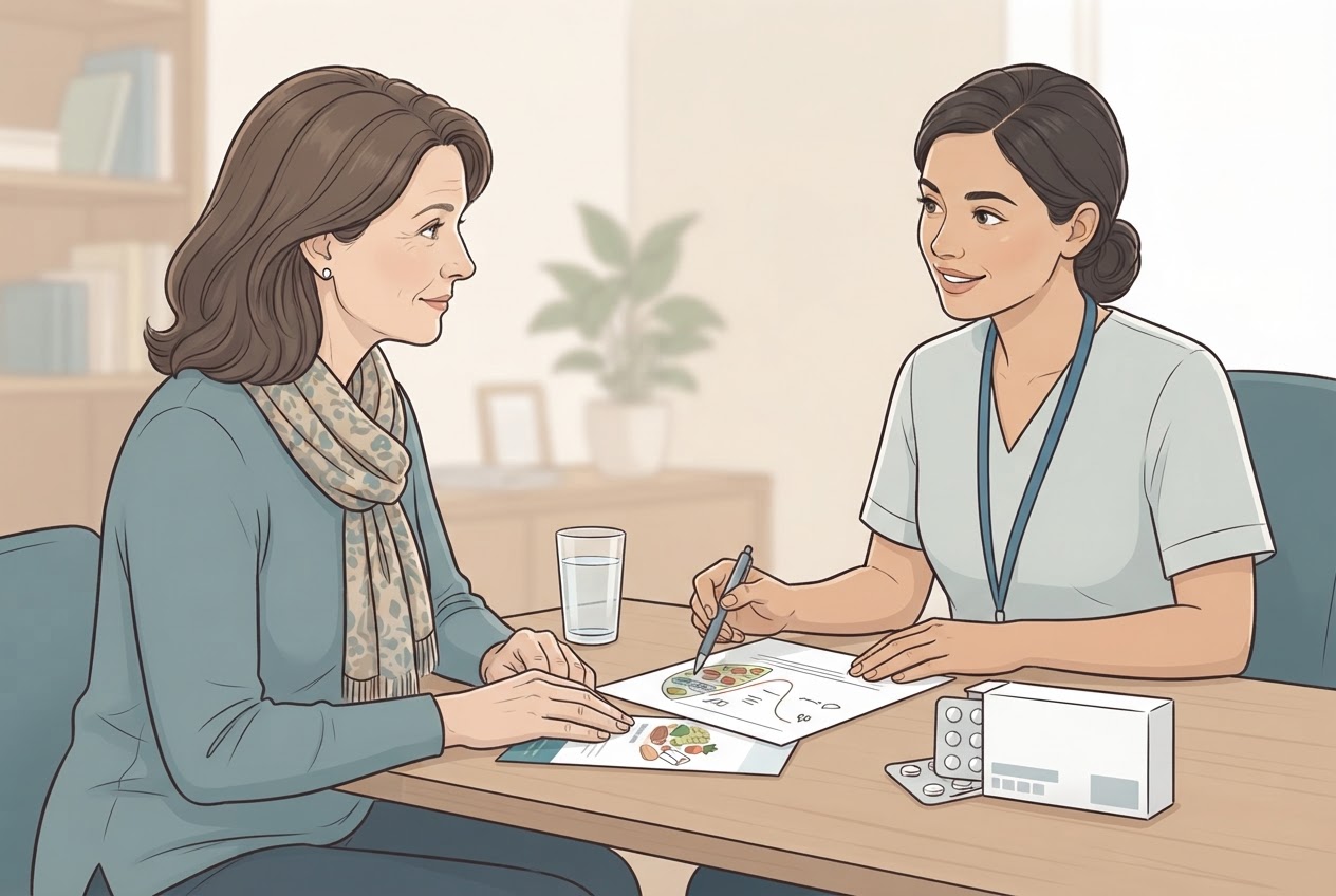 Eine Patientin bespricht mit einer medizinischen Fachperson einen Ernährungsplan und ihre Medikamente.
