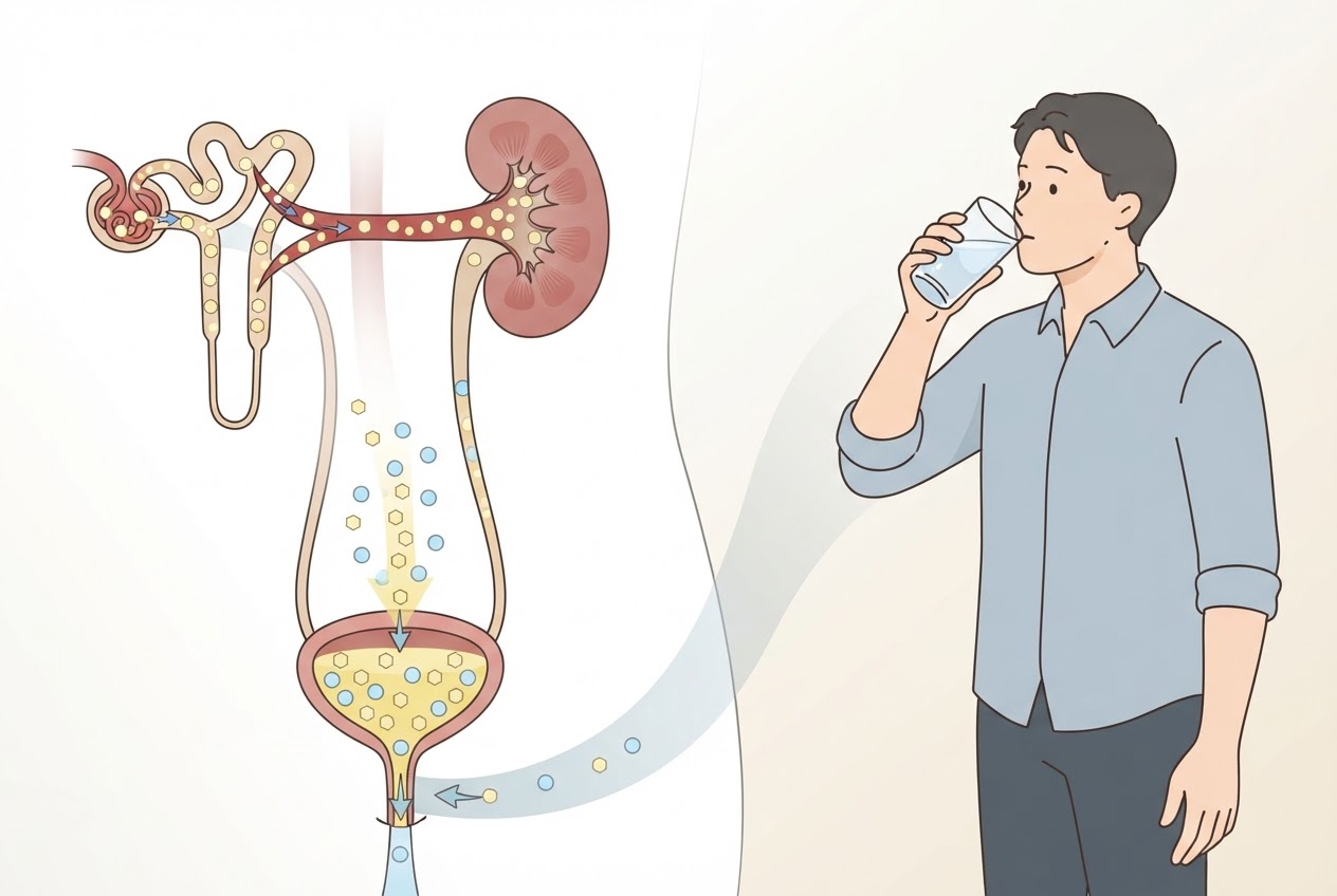 Schematische Darstellung einer Niere, die Glukose und Wasser in den Urin abgibt, neben einer Person, die aus Durst ein Glas Wasser trinkt.