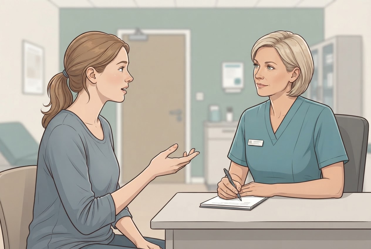 Eine Patientin bespricht die Vorbereitungsregeln für ihren Zuckertest mit einer Mitarbeiterin in einer Praxis.