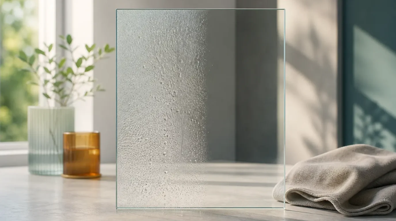 Kondenswassertropfen auf einer Glasscheibe neben einem gefalteten Tuch.