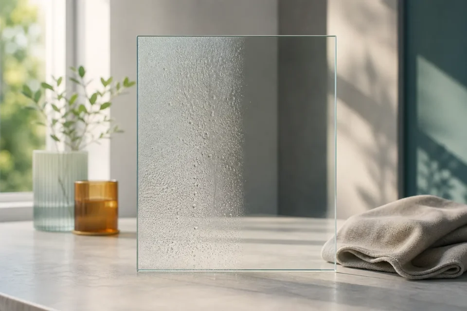 Kondenswassertropfen auf einer Glasscheibe neben einem gefalteten Tuch.