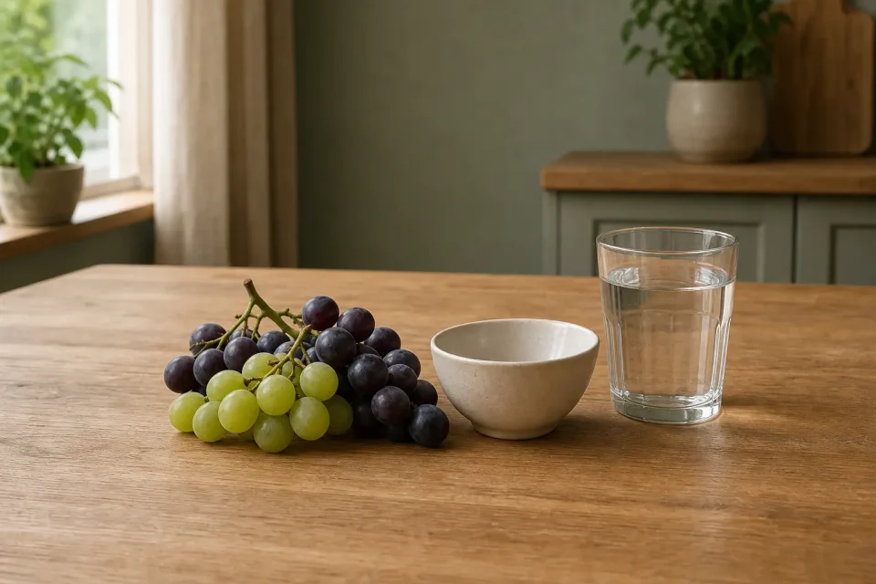 Grüne und dunkle Weintrauben neben einer leeren Schale und einem Wasserglas auf einem Küchentisch.
